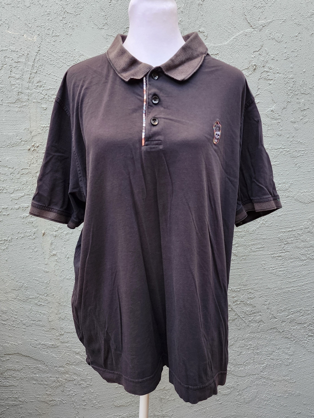 Robert Graham Mens Charcoal Grey Skull Crown Embroidered Polo Shirt 100% Cotton
